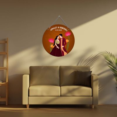 Personalized Couple Wedding Theme Wall Hanging Decoration Couple Portrait with Lotus Flowers Design Wedding, Anniversary, or Engagement Gift for Husband, Wife, & Couples